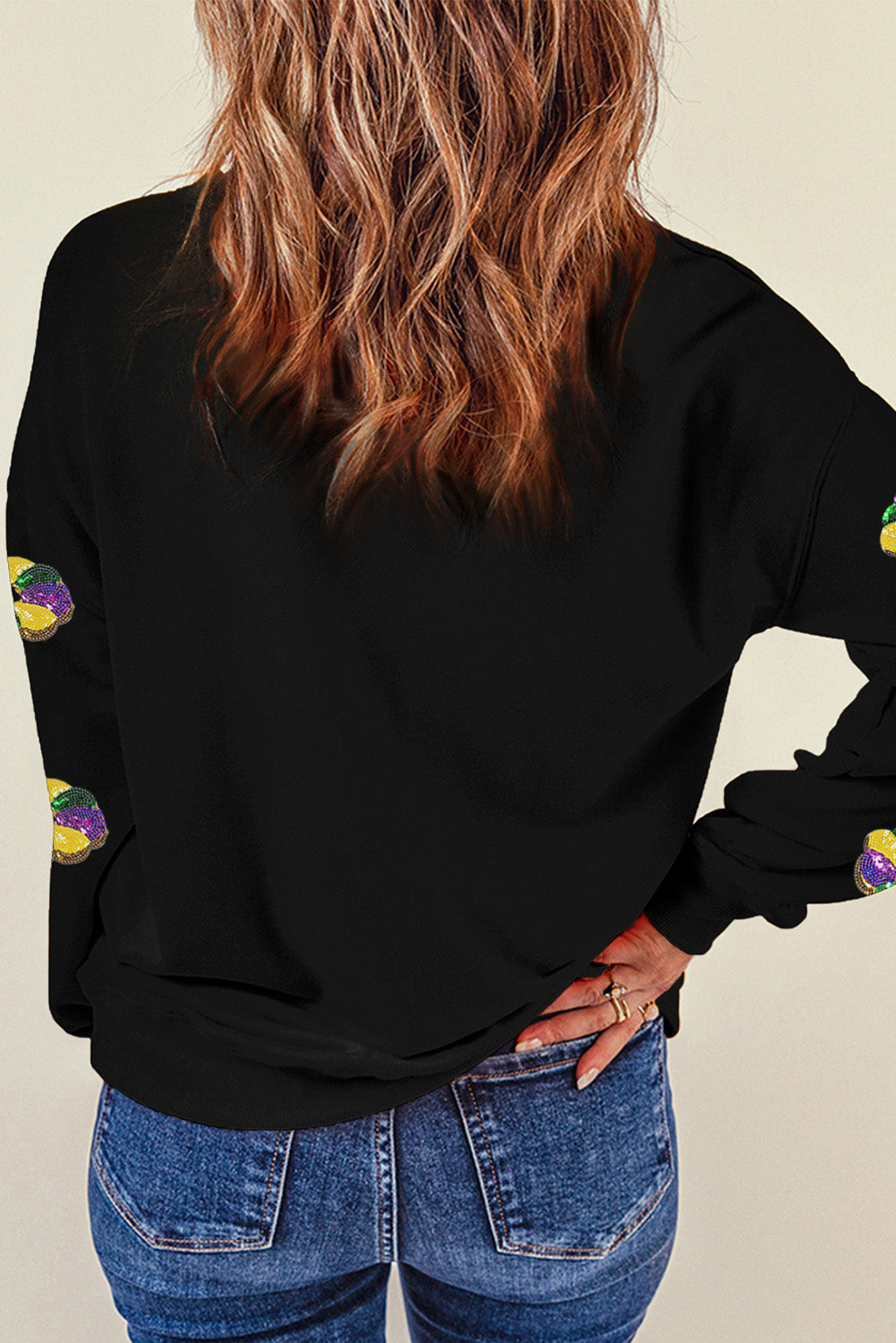 Sequined Donuts of Mardi Gras Colors Drop Shoulder Sweatshirt