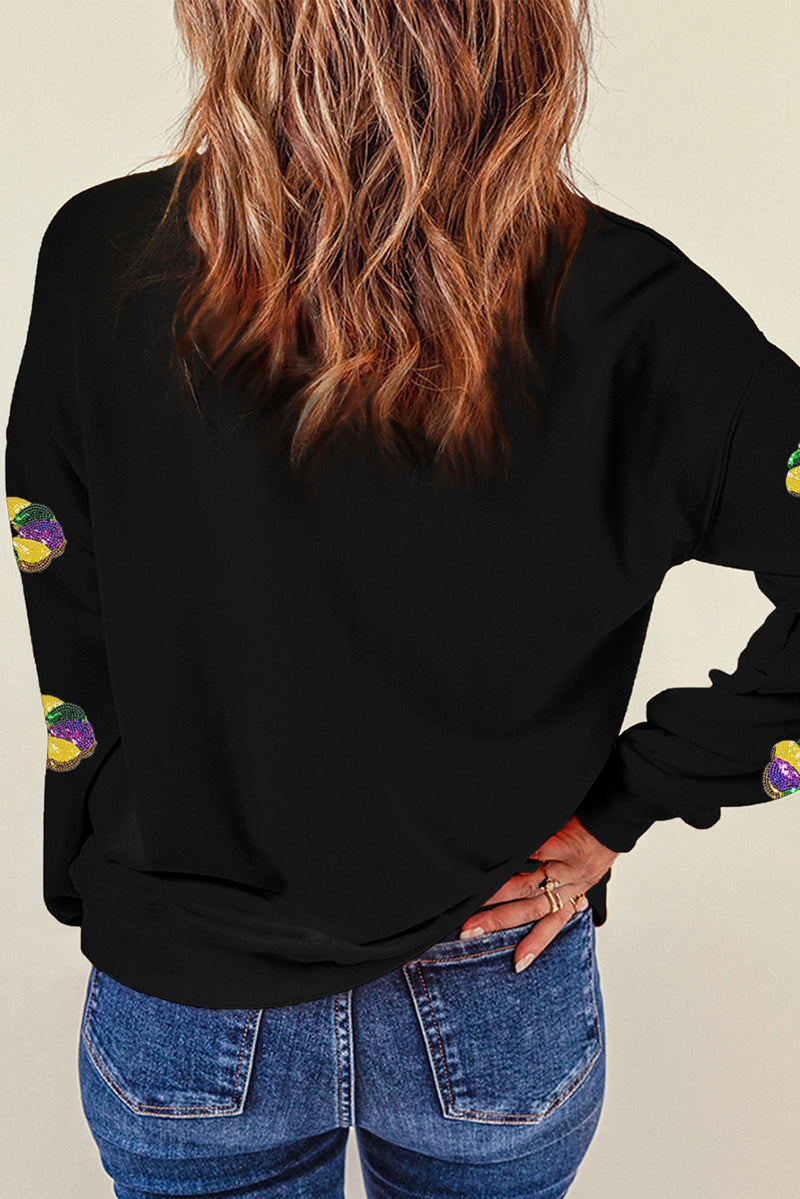 Sequined Donuts of Mardi Gras Colors Drop Shoulder Sweatshirt