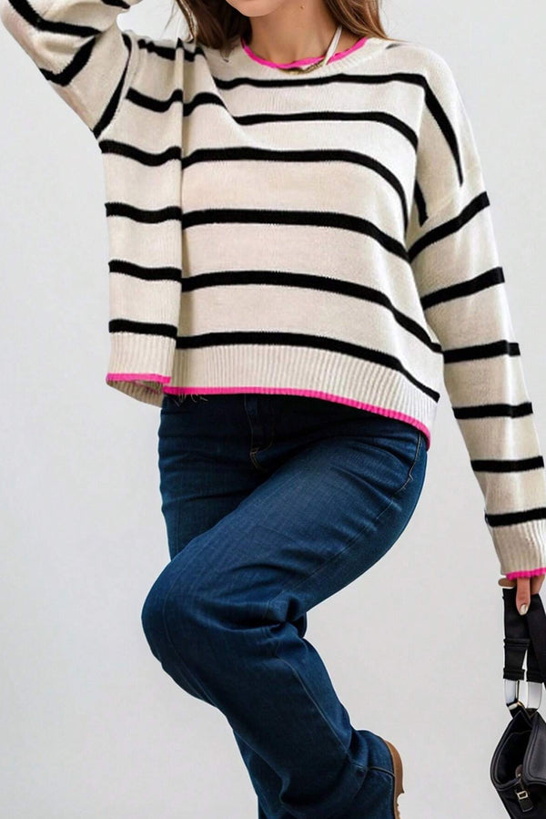 Stripe Color Contrast Drop Shoulder Crew Neck Sweater