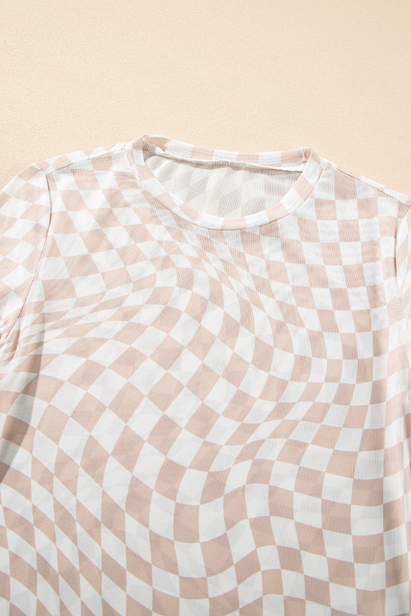 Checkered Pattern Mesh Mock Neck Long Sleeve Top