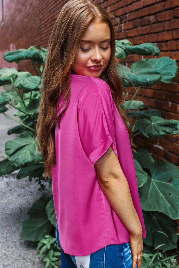 Silky V Neck Short Dolman Sleeve Blouse