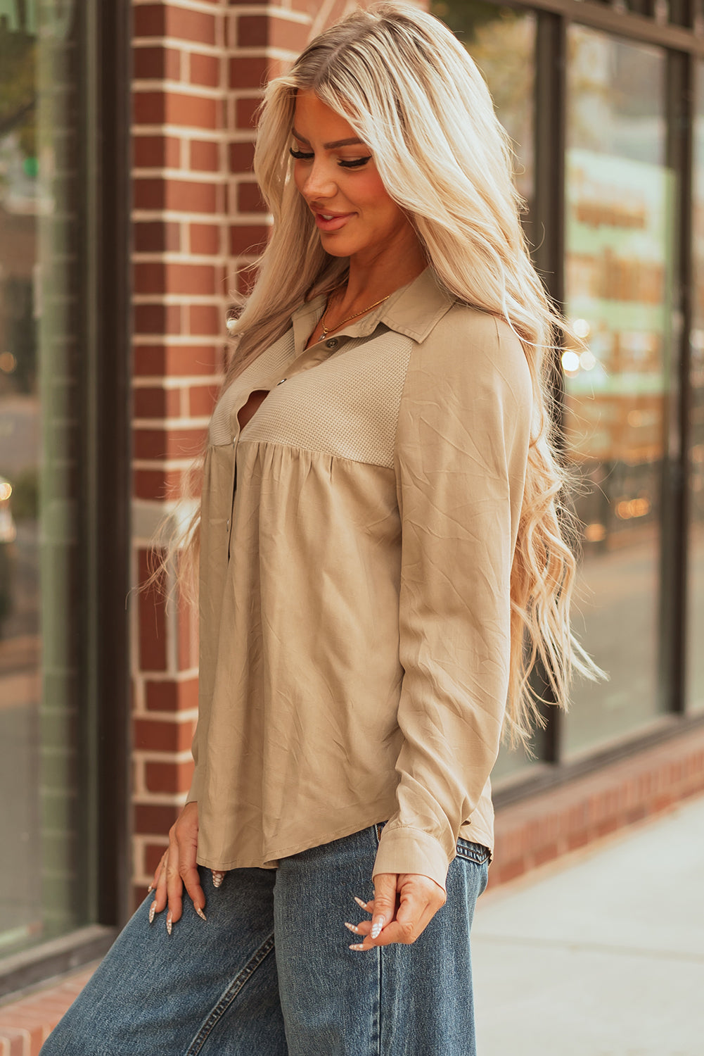 Light French Waffle Patchwork Button Up Frayed Hem Shirt