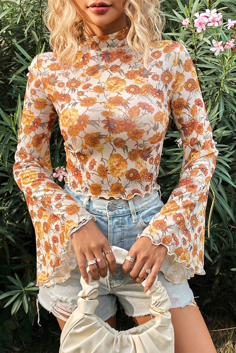 Floral Printed Bell Sleeve Mock Neck Scallop Trim Blouse