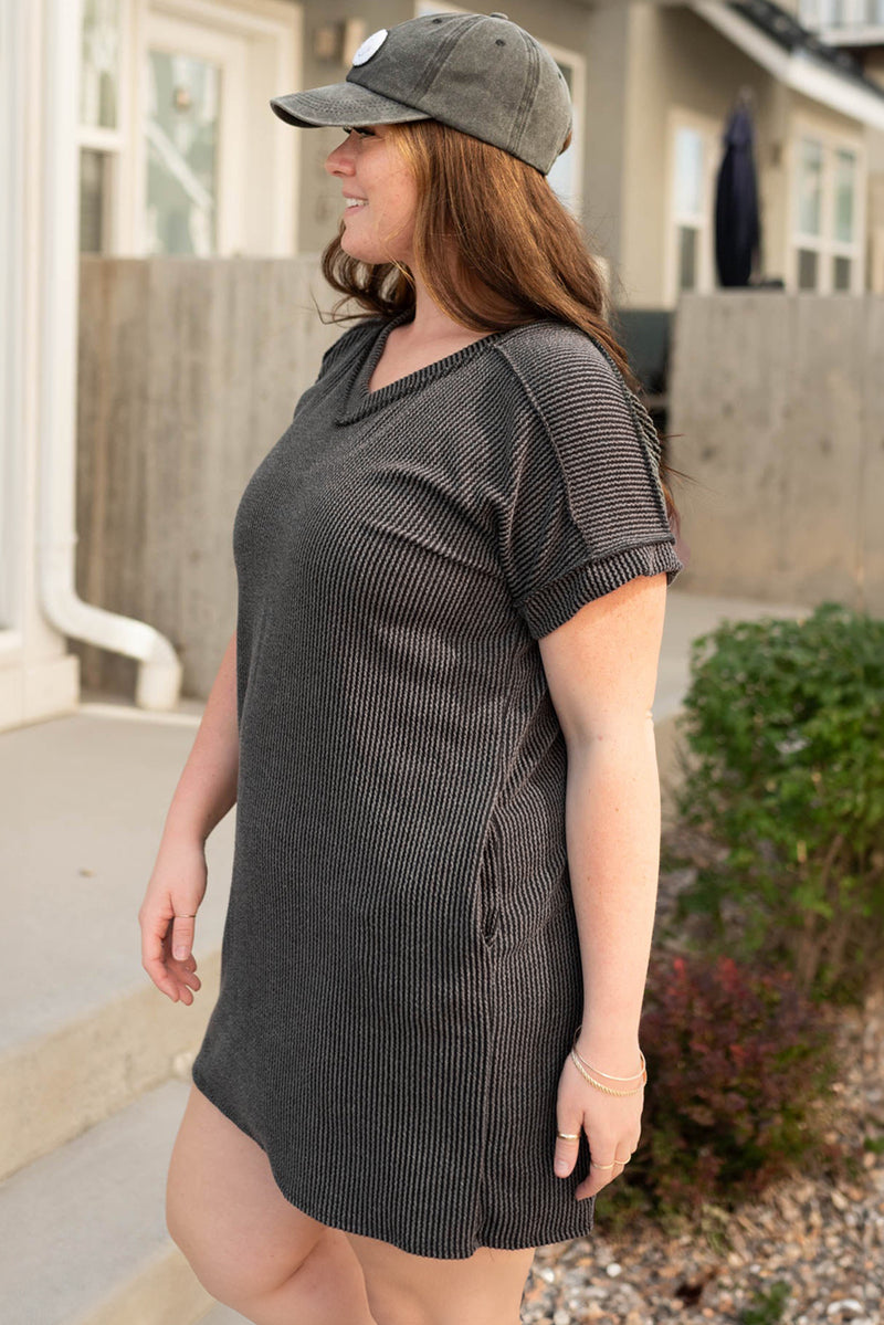 Corded V Neck Plus Size T Shirt Dress with Pockets