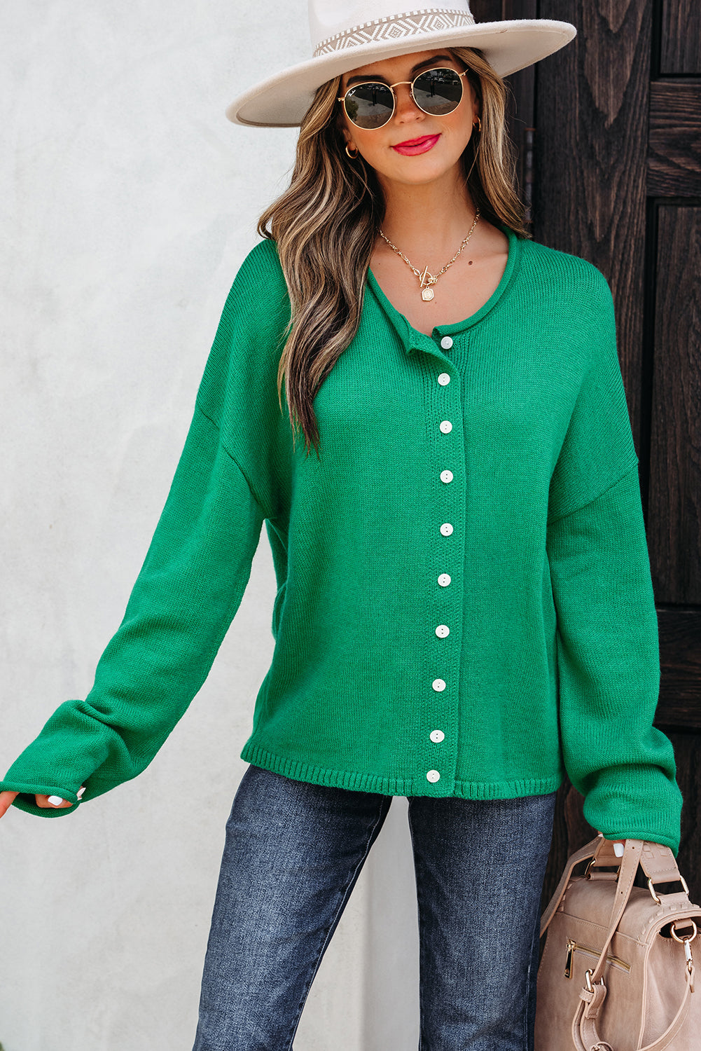 Solid Color Knit Button Drop Shoulder Sweater Cardigan