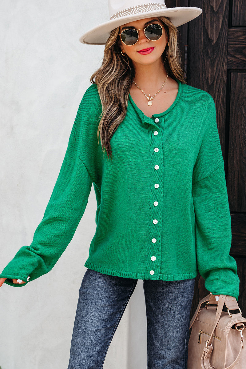 Solid Color Knit Button Drop Shoulder Sweater Cardigan