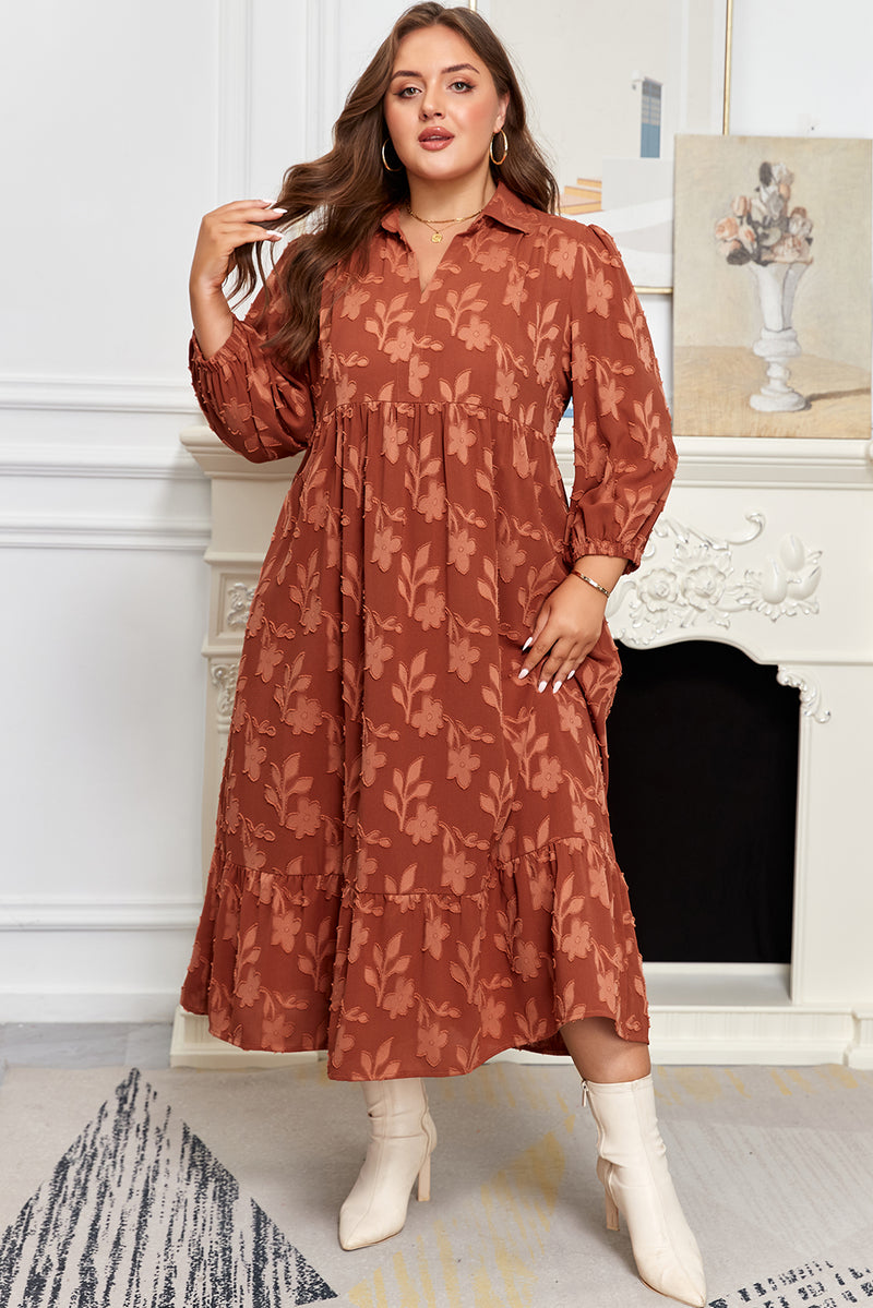 Plus Size Textured 3D Flower Pattern Ruffle Hem 3/4 Sleeve Long Dress