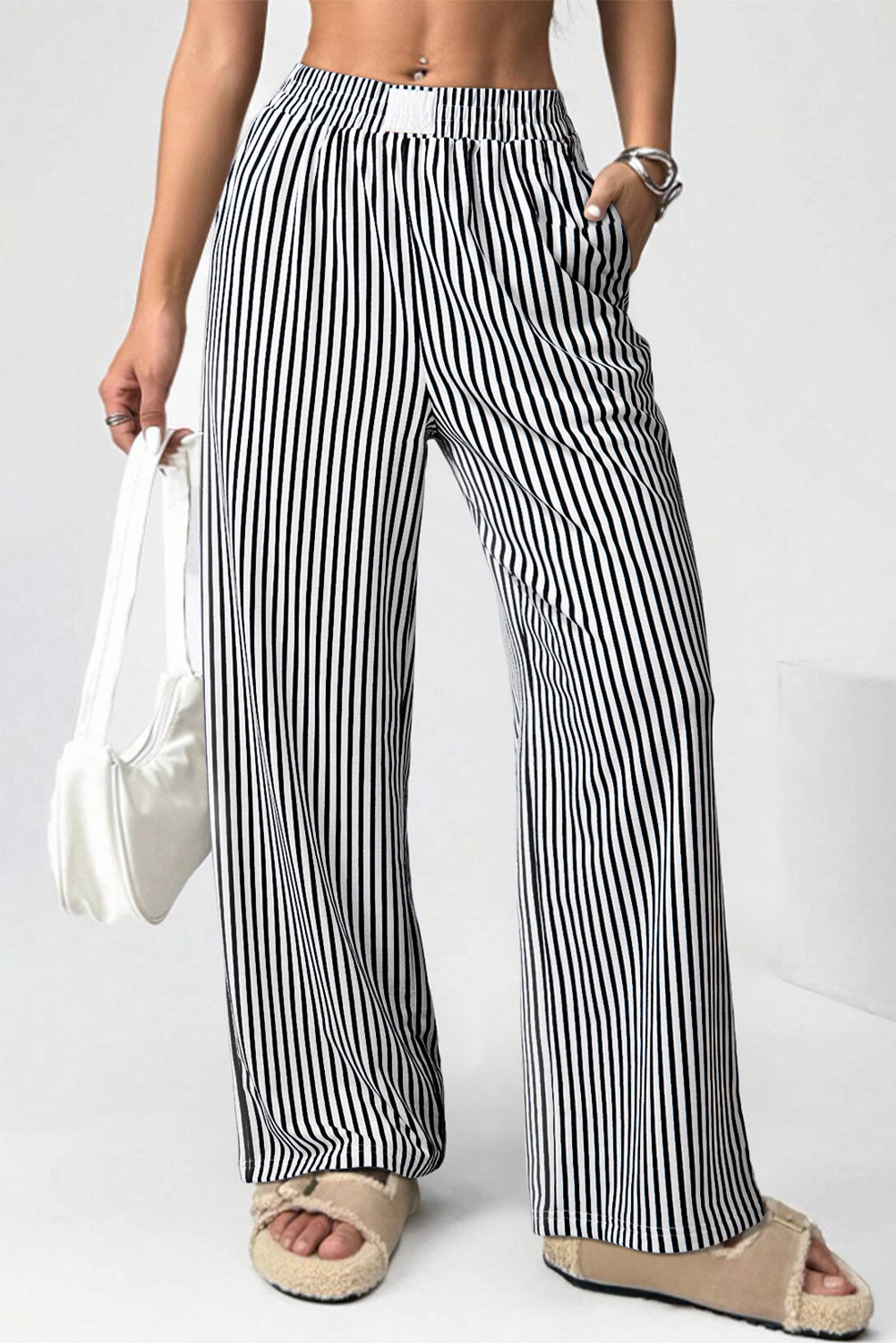 Stripe Elastic High Waist Pocketed Loose Pants