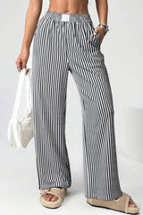 Stripe Elastic High Waist Pocketed Loose Pants