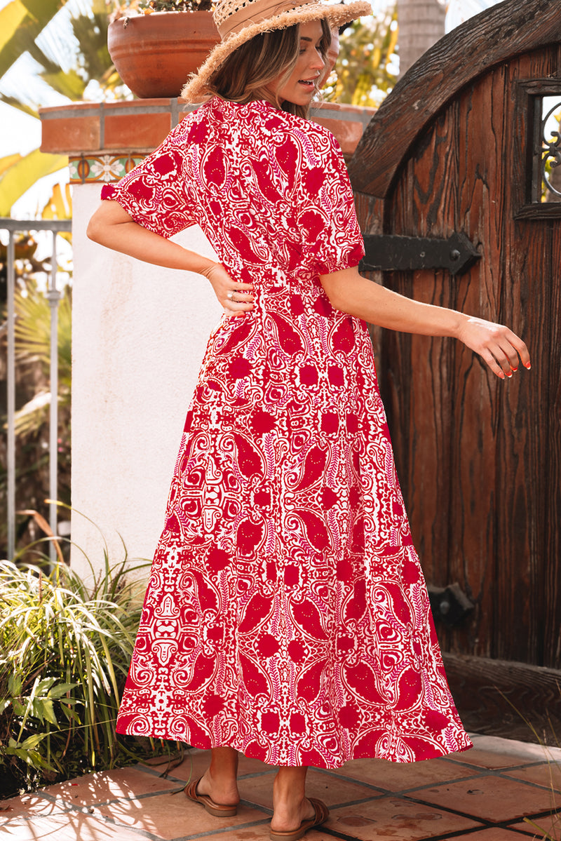 Paisley Print Side Slit Puff Sleeve High Waist Maxi Dress