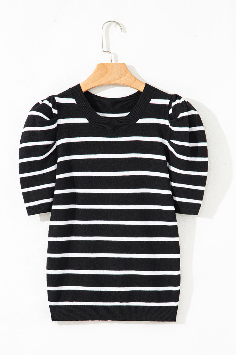 Stripe Ribbed Trim Round Neck Bubble Sleeve Knitted Top