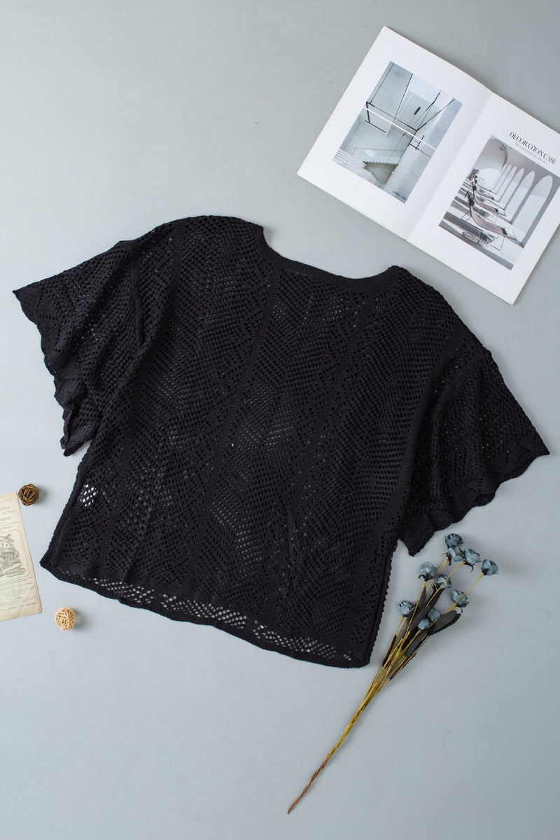 Solid Pointelle Knit Scallop Edge Short Sleeve Top