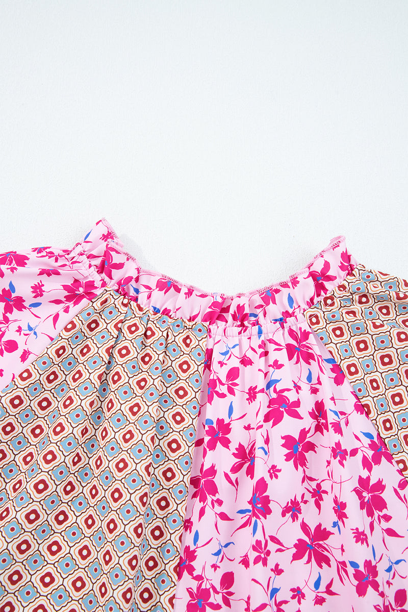 Boho Mixed Floral Drop Shoulder Bubble Sleeve Blouse