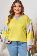 Yellow Striped Color Block Patchwork Crewneck Plus Size Pullover Sweatshirt