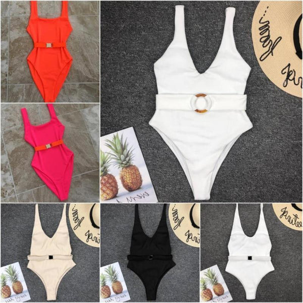 Grid and Solid Pattern White Swimsuit Women