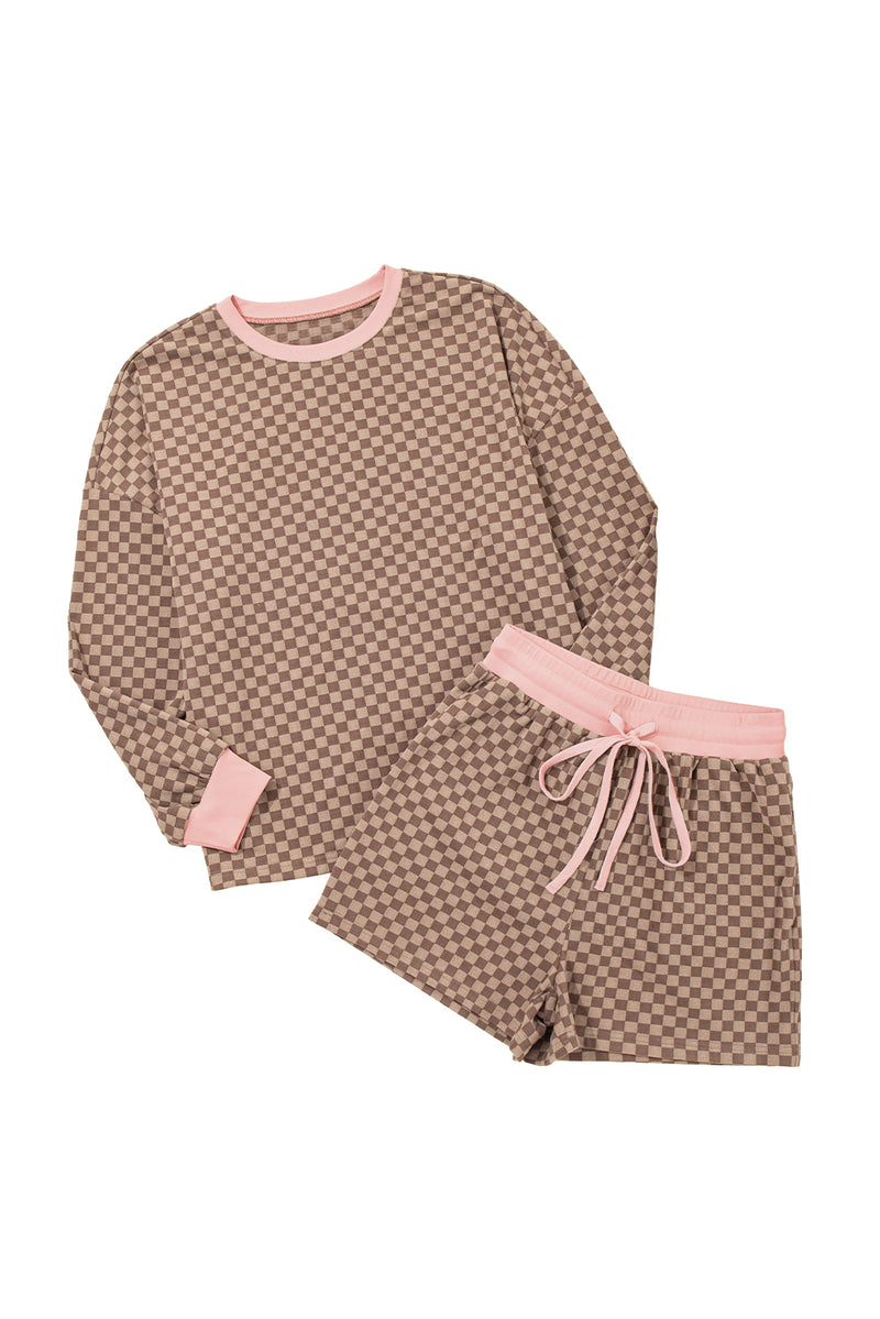 Checkerboard Long Sleeve Pullover and Shorts Set