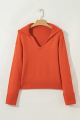 Flamingo Collared V Neck Ribbed Edge Sexy Elegant Sweater