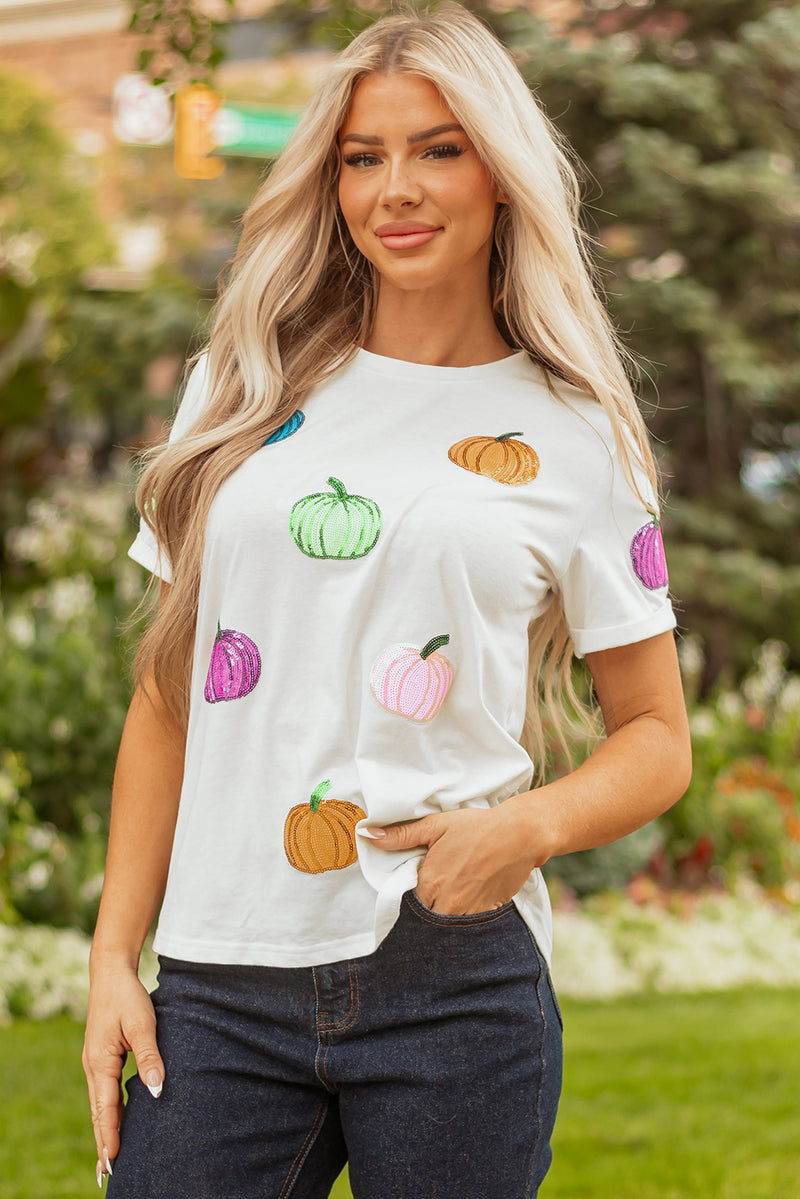 Sequin Pumpkin Patched Cotton Blend T Shirt