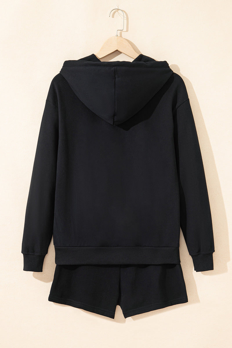 Solid Button Drawstring Hooded Pullover and Casual Short Set