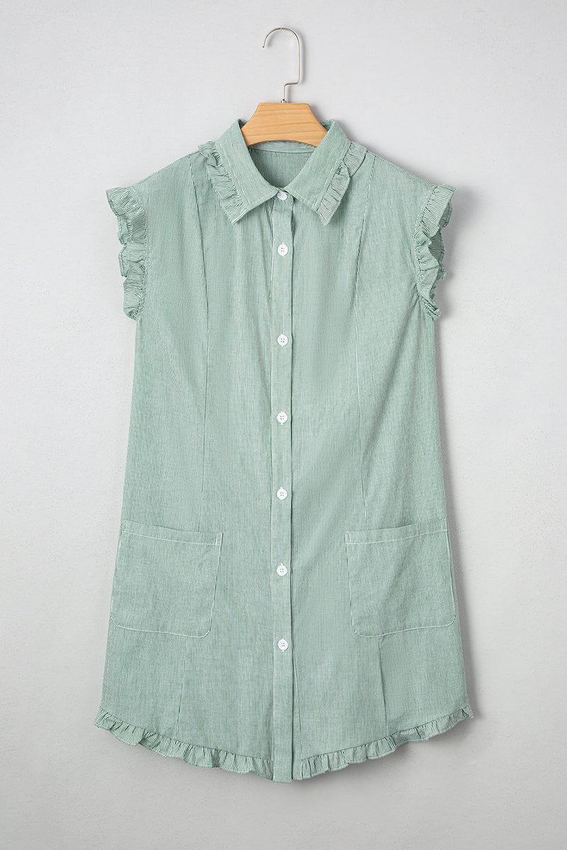 Stripe Frilled Sleeveless Collar Front Pocket Button Up Mini Dress