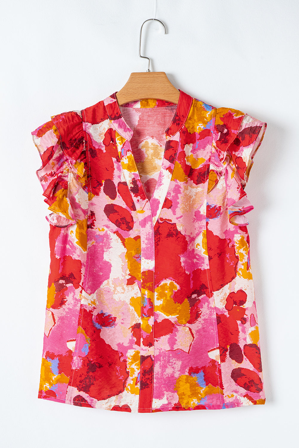 Abstract Print Split V Neck Ruffle Short Sleeve Blouse