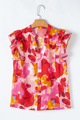 Abstract Print Split V Neck Ruffle Short Sleeve Blouse
