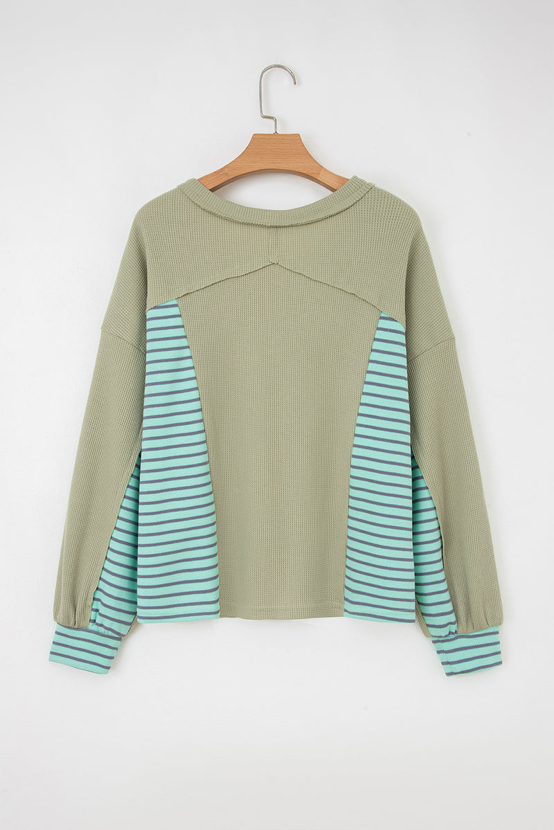 Exposed Seam Waffle Striped Patchwork Baggy Pullover