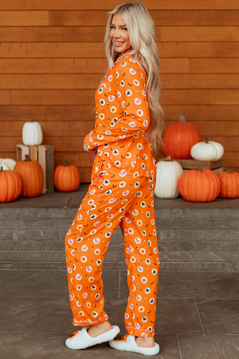 Halloween Print Lapel Shirt Long 2pcs Pajama Set