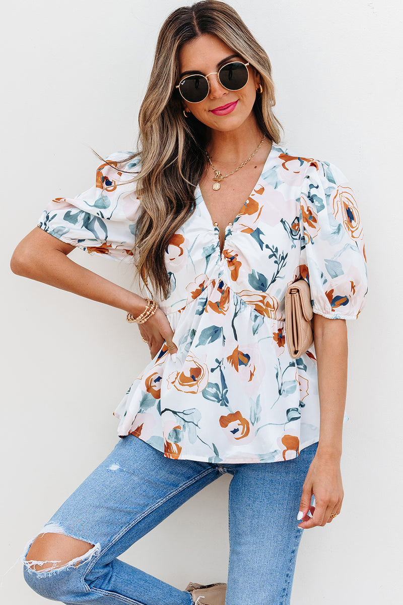 Floral Print Puff Sleeve V Neck Baby doll Blouse