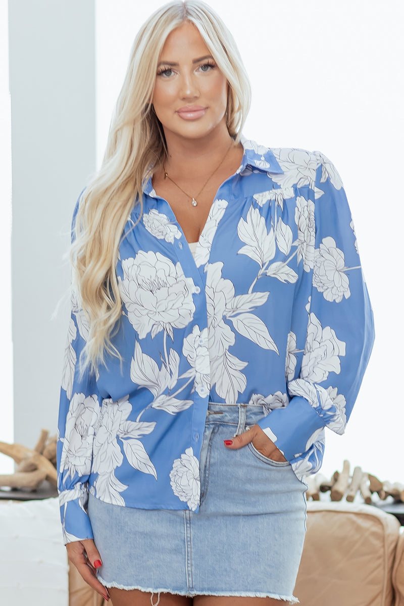 Floral Print Button Up Pleated Detail Puff Sleeve Shirt