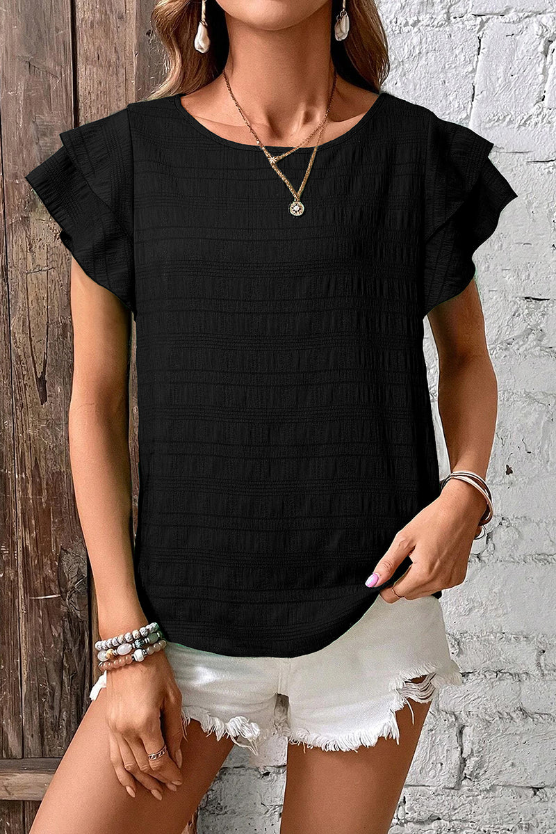 Textured Ruffled Sleeve Round Neck Top Blouse