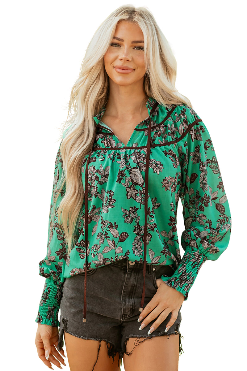 Leaves Print Contrast Trim V Neck Shirred Puff Sleeve Blouse