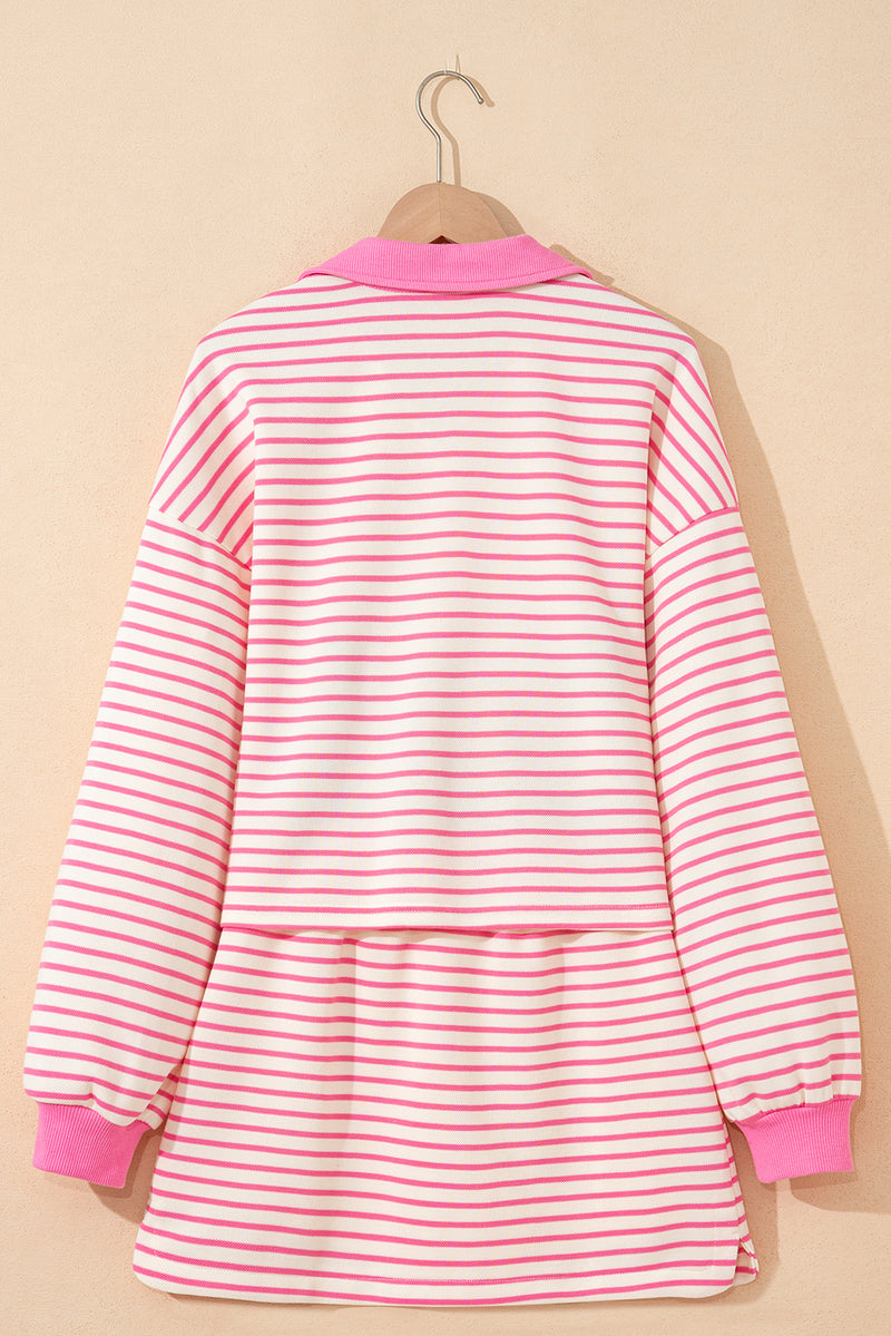 Stripe Collared V Neck Drop Shoulder Pullover and Skort 2pcs Outfit