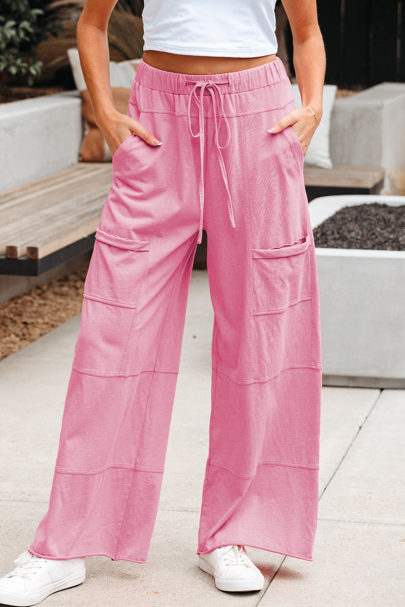 Mineral Wash Exposed Seam Drawstring High Waist Wide Leg Cargo Pants