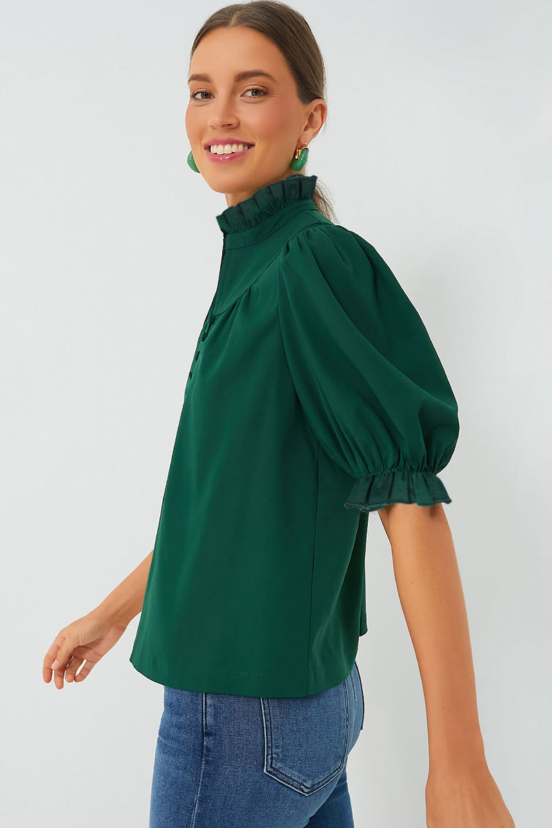 Solid Stripe Plaid Puff Sleeve Frilled Trim Elegant Blouse