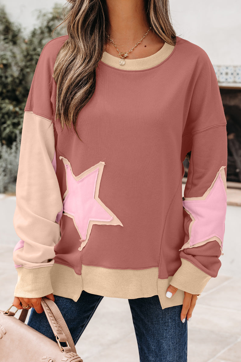Old Rose Contrast Star Patchwork Exposed Seam Uneven Hem Drop Shoulder Sweatshirt