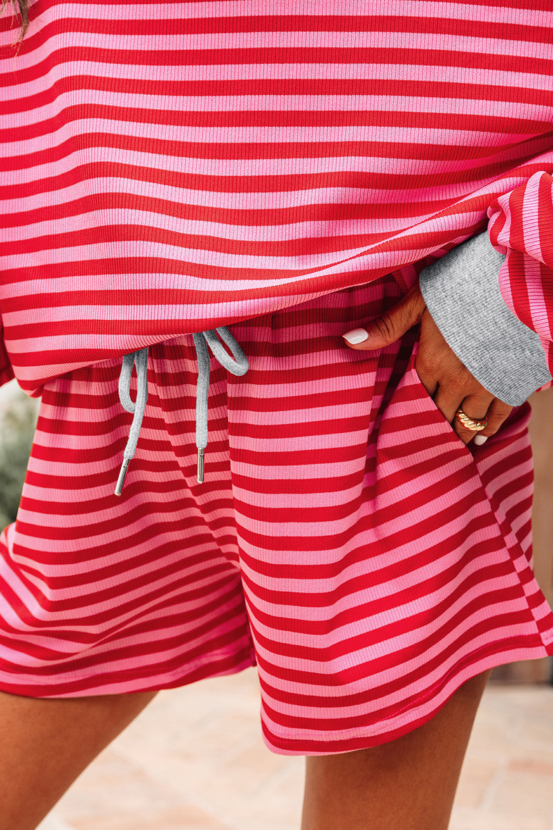 Stripe Drop Shoulder Baggy Pullover and Shorts Casual Set