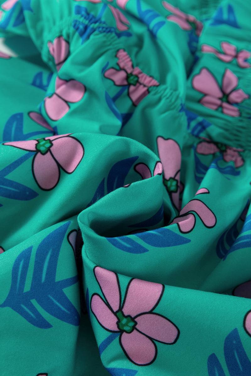 Floral Print Frilly Smocked Detail High Waist Mini Dress