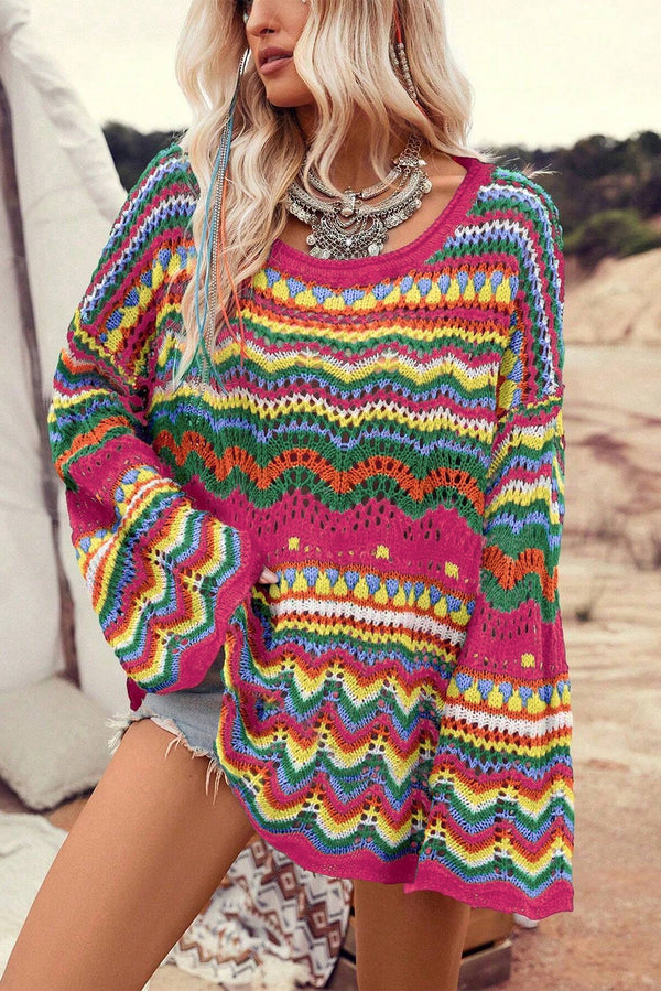 Colorblock Striped Hollowed Knit Loose Sleeve Sweater
