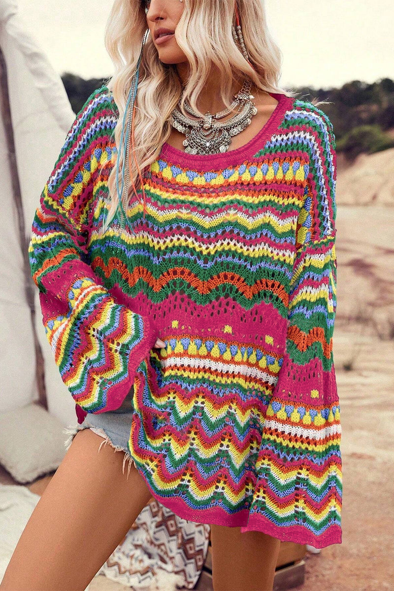 Colorblock Striped Hollowed Knit Loose Sleeve Sweater