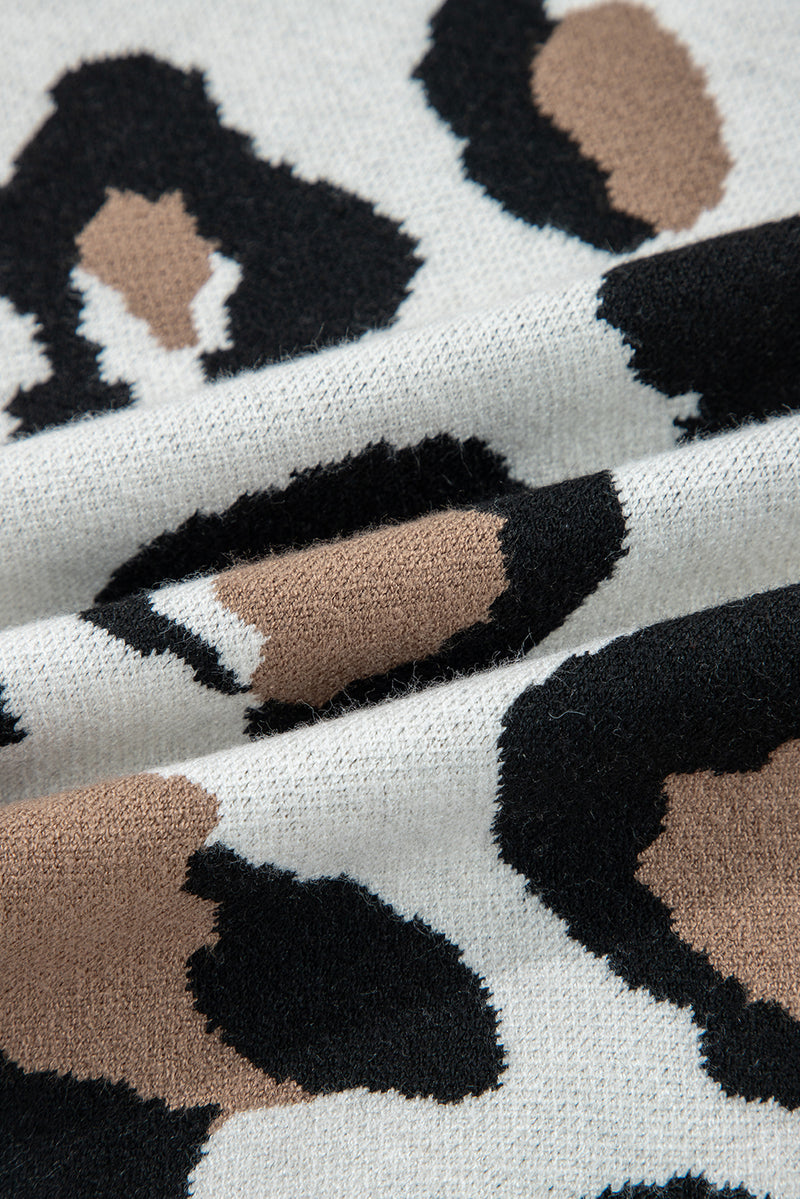Beige Leopard Print Color Block Patchwork Sleeve V Neck Sweater