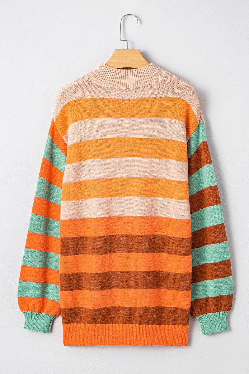 Stripe Color Block High Neck Drop Shoulder Cozy Sweater