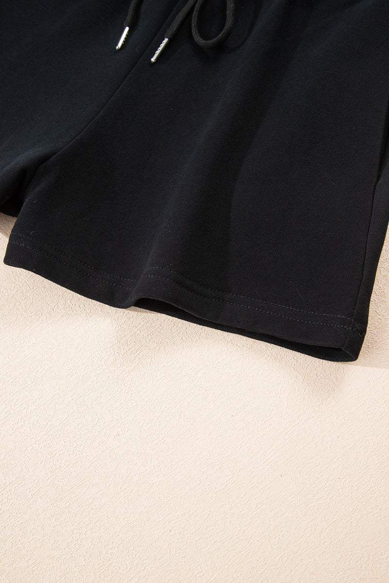 Solid Button Drawstring Hooded Pullover and Casual Short Set