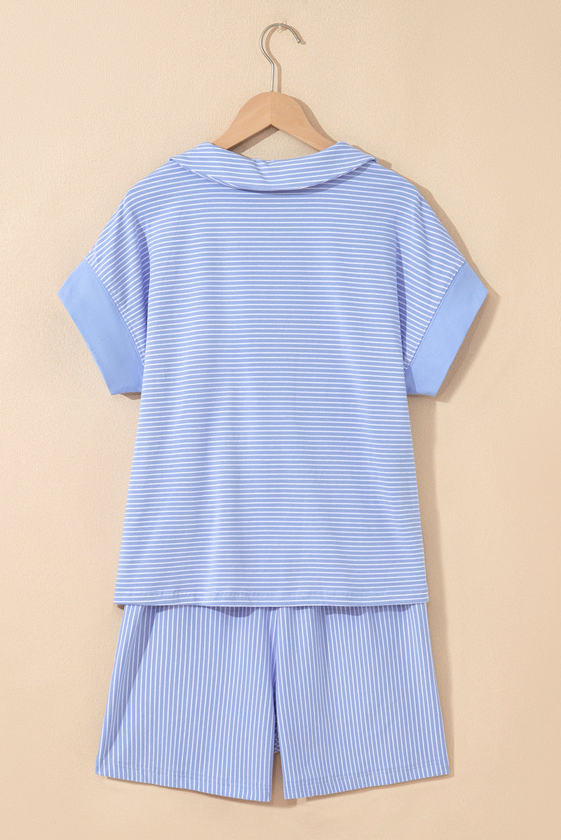 Stripe Dolman Sleeve Polo Shirt and Drawstring Shorts Set