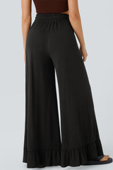 Ruffled Wide Leg Pull On High Waist Pants with Pockets