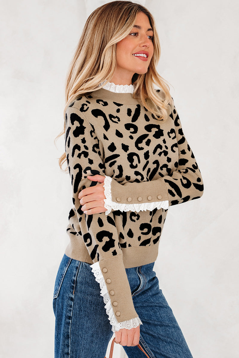 Leopard Pattern Lace Ribbed Detail Button Cuffed Sweater