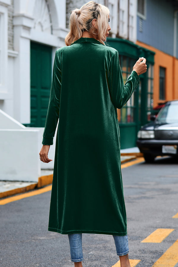 Moss Green Velvet Open Front Pocketed Long Duster