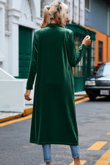Moss Green Velvet Open Front Pocketed Long Duster