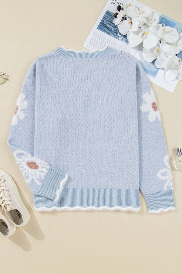Fuzzy Flower Scalloped V Neck Plus Sweater