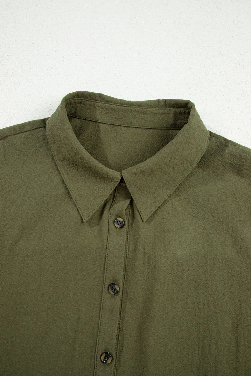 Four Leaf Clover Plus Size Collar Half Button Long Sleeve Ruffle Hem Mini Dress